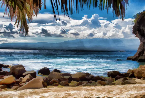 Красивое побережье на тропическом острове. Цифровая иллюстрация морской сцены . — стоковое фото