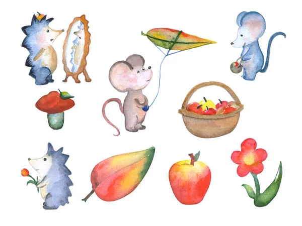 Forest cute little animals fall season watercolor illustration, hand painted nursery illustrations — Stock Photo, Image