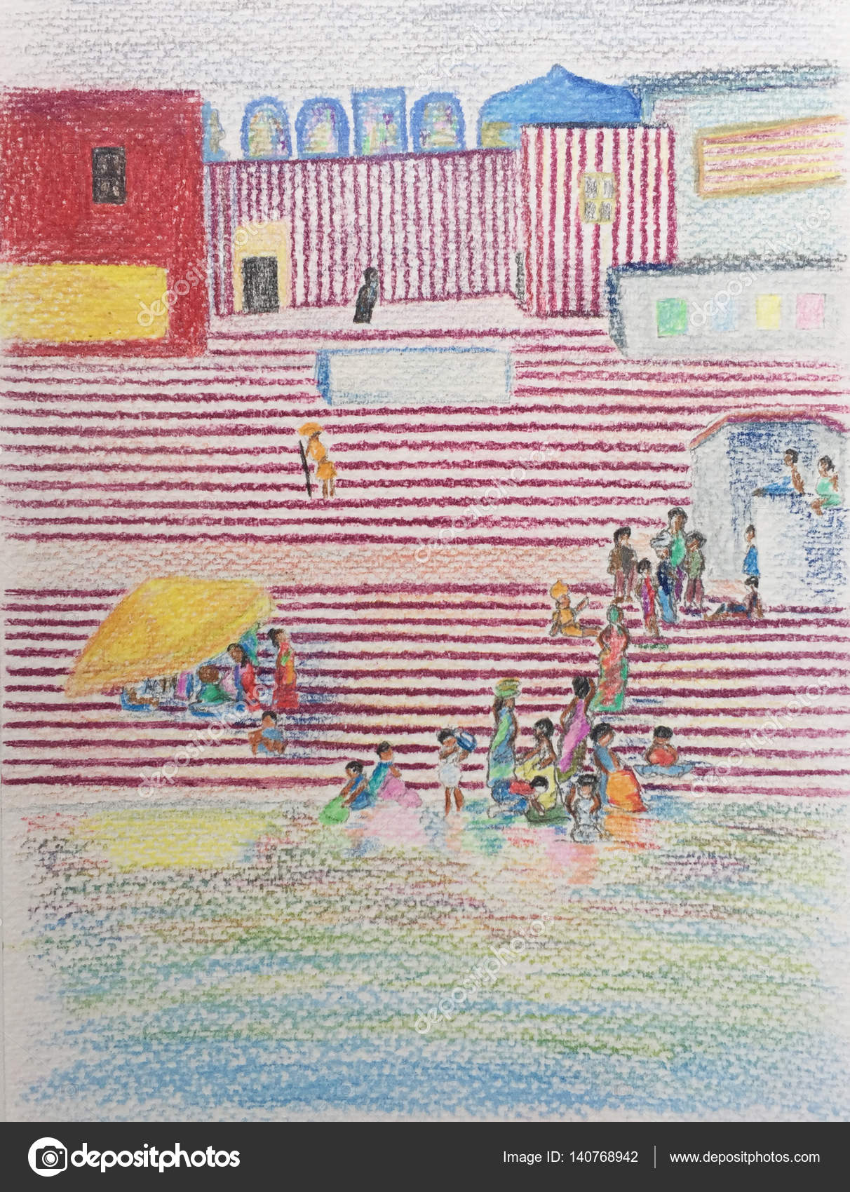 Schizzo disegnato a mano di rosso e bianco tempio ind¹ disegno di paesaggio della citt  matite colorate matite di colore di Varanasi schizzo