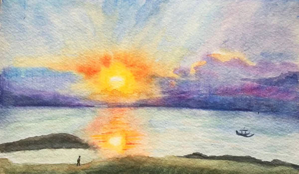 Acuarela pintura a mano puesta de sol tiempo en la playa — Foto de Stock