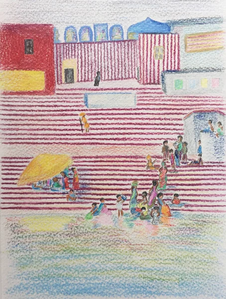 Dibujo dibujado a mano rojo y blanco del templo hindú, lápices de colores que dibujan el paisaje de la ciudad — Foto de Stock