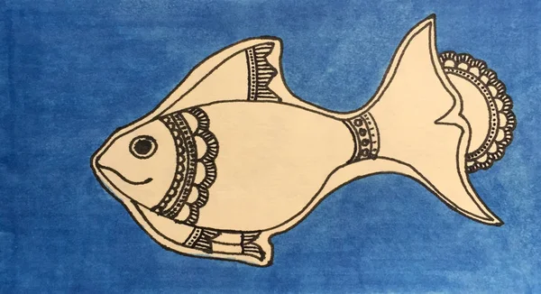 青の背景、手描き曼荼羅魚にインクのペンで手描き落書き魚 — ストック写真