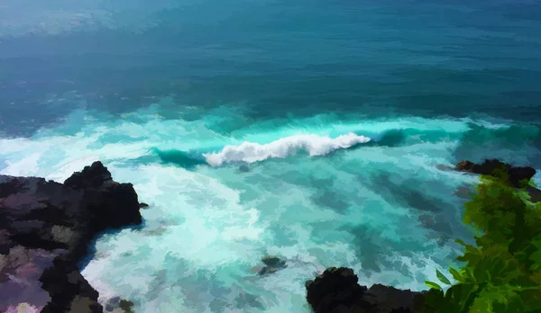 Digital illustration: blue wave and black cliff — Stock Photo, Image
