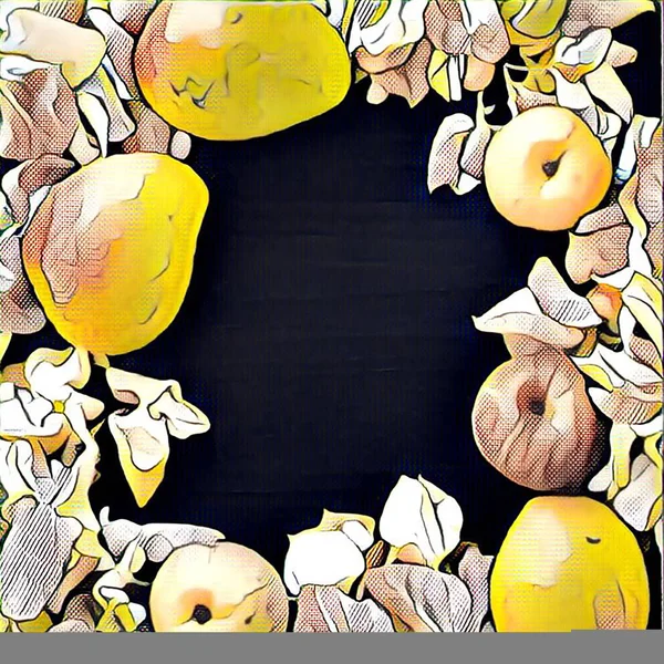 Dijital illüstrasyon - gül çiçek yaprakları, elma ve egzotik mango doğal çerçevesinden — Stok fotoğraf