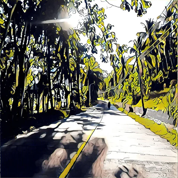Dijital illüstrasyon - güneşli gün, tropikal orman yolu, sarı renkli ve siyah mürekkep. — Stok fotoğraf