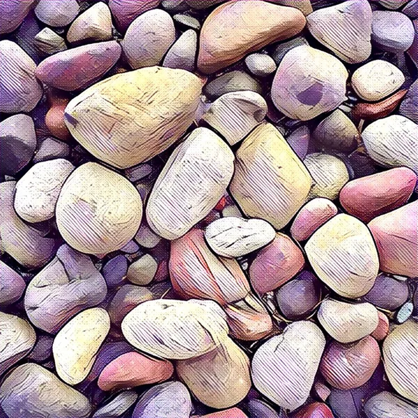 Steinhintergrund mit runden bunten Kieselsteinen vom Meeresstrand. Digitale Illustration in Pastellfarben. — Stockfoto