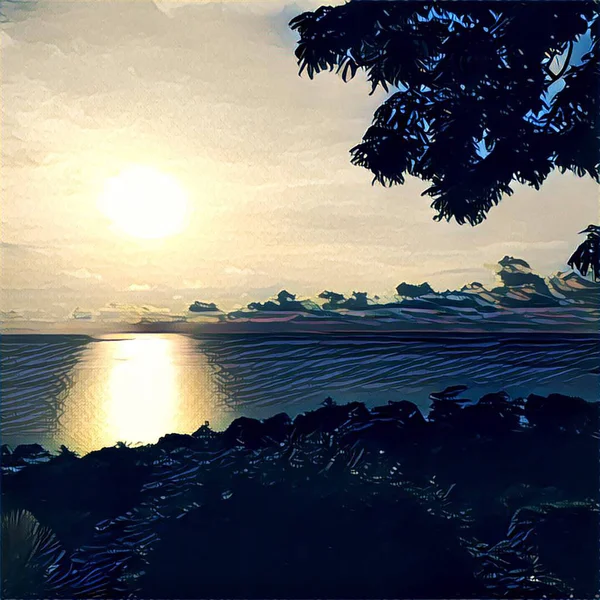Pôr do sol tropical sobre o mar e a floresta. Ilustração digital azul e amarela de alto contraste — Fotografia de Stock
