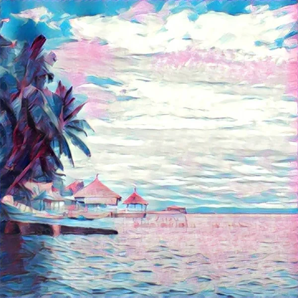 Summer holiday season by the seaside. Pink and blue tropic holiday digital illustration. — Stock Photo, Image