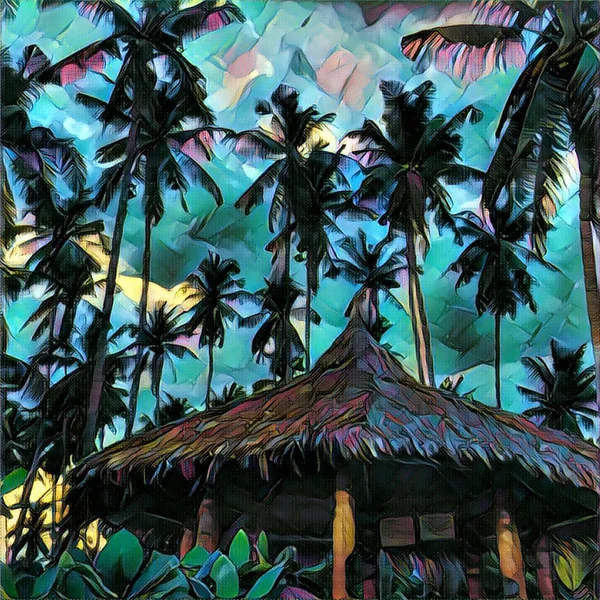 Coconut palm skog och enkla blad tak hut. Palm tree siluett på solnedgång himlen — Stockfoto