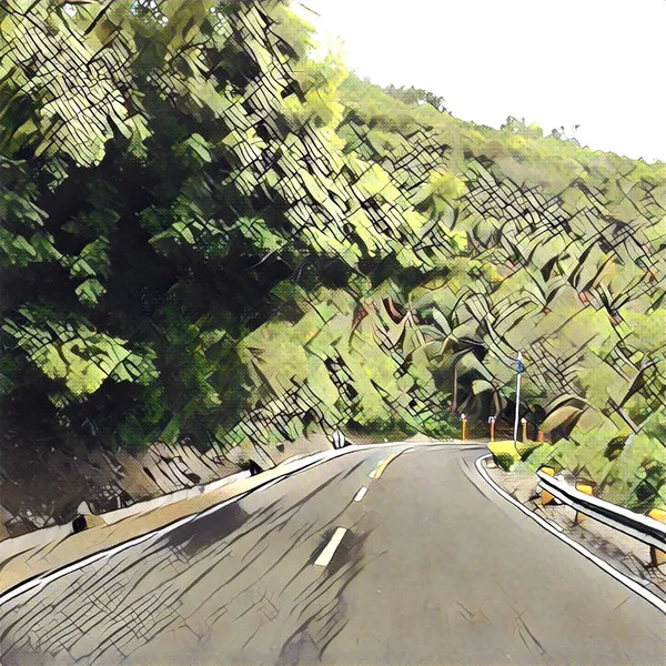 Illustrazione digitale della curva stradale nel viaggio sull'isola tropicale . — Foto Stock