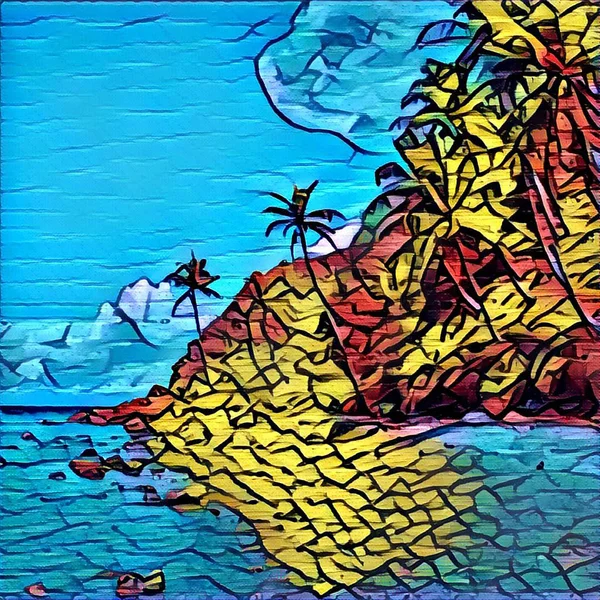 Mosaik stil, graffiti eller målat glas bild av tropiska ön. Exotisk natur landskap. — Stockfoto