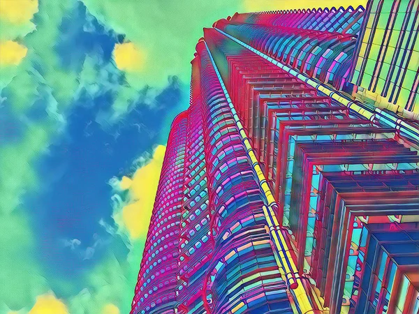 Financial center skyscraper fantastic digital illustration. Tall modern building view from below — Stock Photo, Image