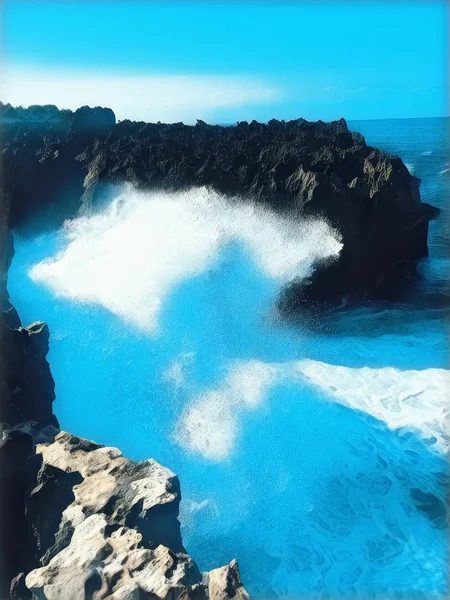 Гигантская волна ломается на скале. Цифровая иллюстрация дикой природы, вертикальное изображение — стоковое фото