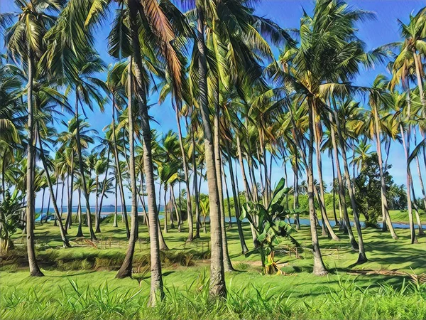 Tropische Landschaft mit Kokospalmen. lebendige digitale Illustration des Palmenwaldes. — Stockfoto