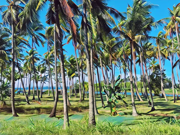 Tropic landscape with coco palm trees. Vibrant digital illustration of palm tree forest. — Stock Photo, Image