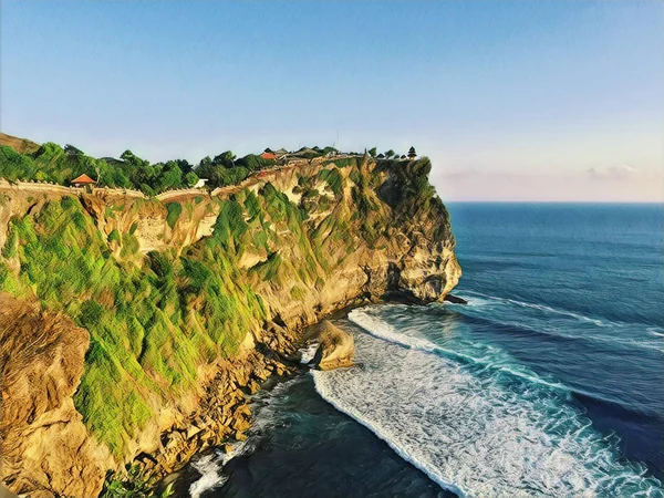 Yüksek cliff ve okyanus dalgaları. Dağ deniz manzara. Deniz kıyısı ile canlı dijital illüstrasyon — Stok fotoğraf