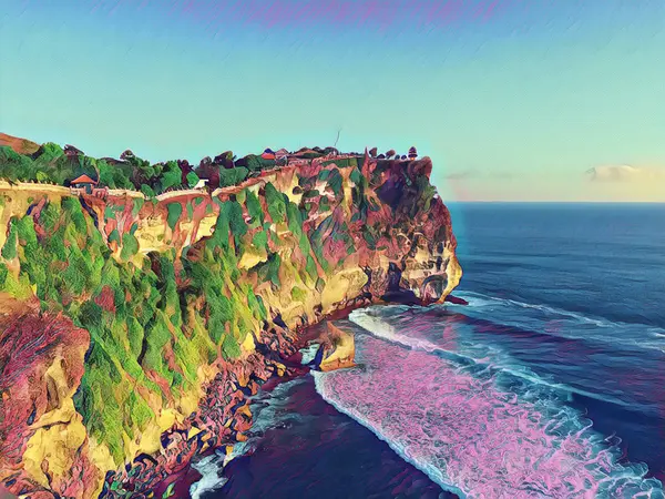 Высокие скалы и океанские волны. Вид на море с горы. Цифровая иллюстрация на берегу моря . — стоковое фото
