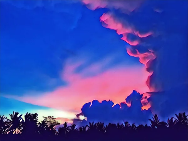 Ciel bleu et rose couchant au-dessus de la forêt. Soirée nature paysage illustration numérique — Photo