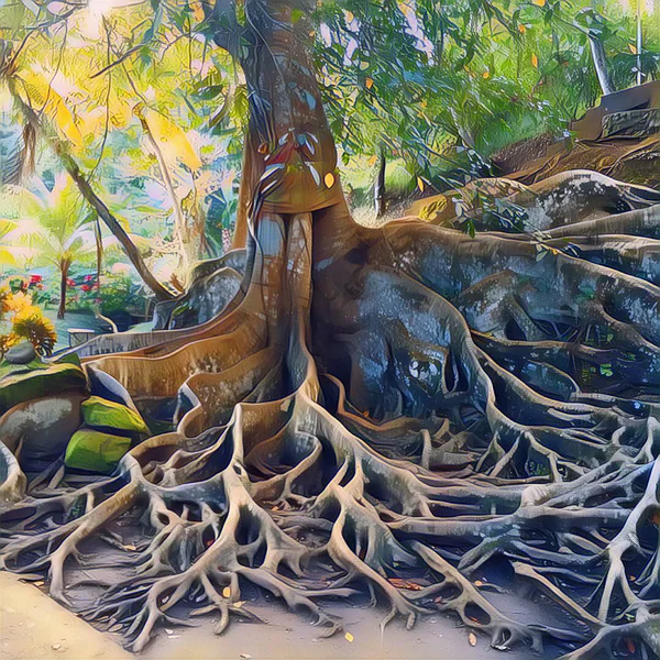 Старое дерево с большими корнями. Цифровая иллюстрация тропической природы. Экзотическое дерево с огромной корневой системой в лесной живописи — стоковое фото