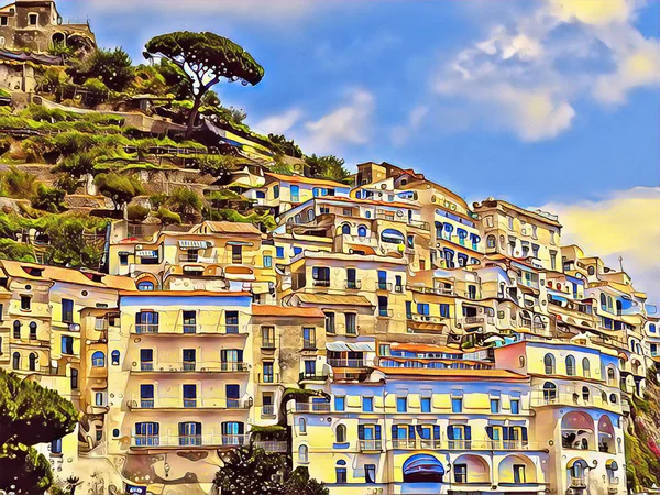 Італійська Старого міста на горі. Амальфі тераси з білими будинками цифрових ілюстрація. — стокове фото