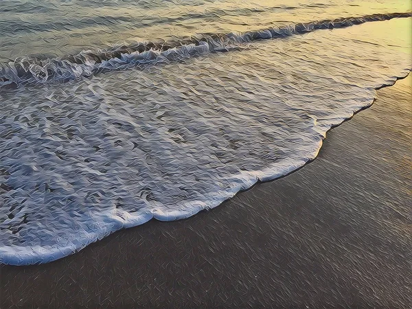 Sea wave over black sand beach digital illustration. Oceanic water tide on seashore. — Stock Photo, Image