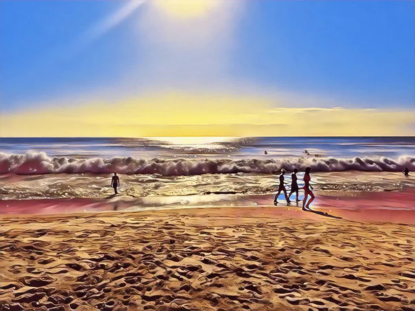 Жаркий день на пляже. цифровая иллюстрация с песчаным пляжем и океаном — стоковое фото