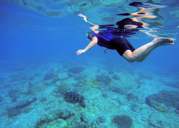 女性ウミガメと一緒に泳ぐ。熱帯の海の背景. — ストック写真