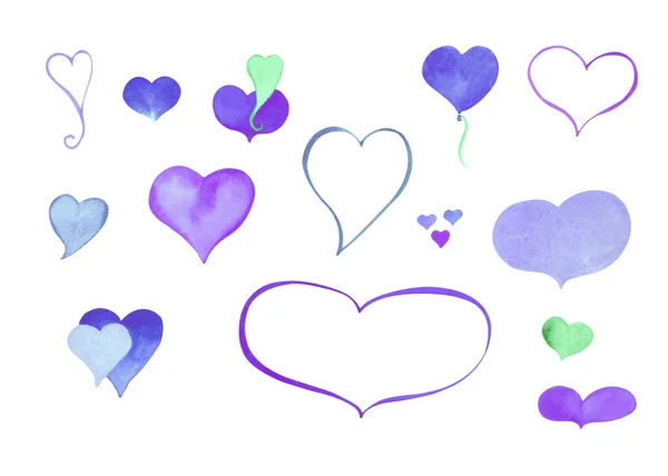 Akwarele serca clipart. Niebieski i fioletowy akwarela serca na białym tle. — Zdjęcie stockowe