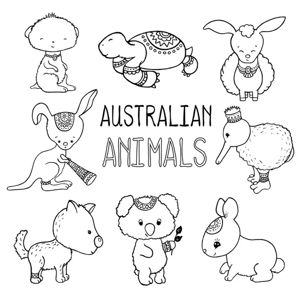 Cute australian animals outlined vector drawing. Animals of Australia hand-drawn illustration. Stock Vector
