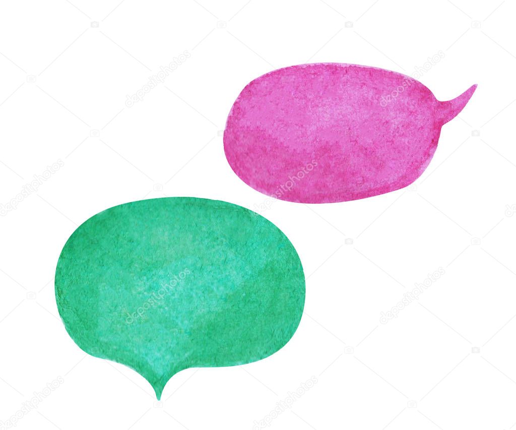 Watercolor speech bubble on white background. Violet and teal green text bubble cloud hand-drawn element.