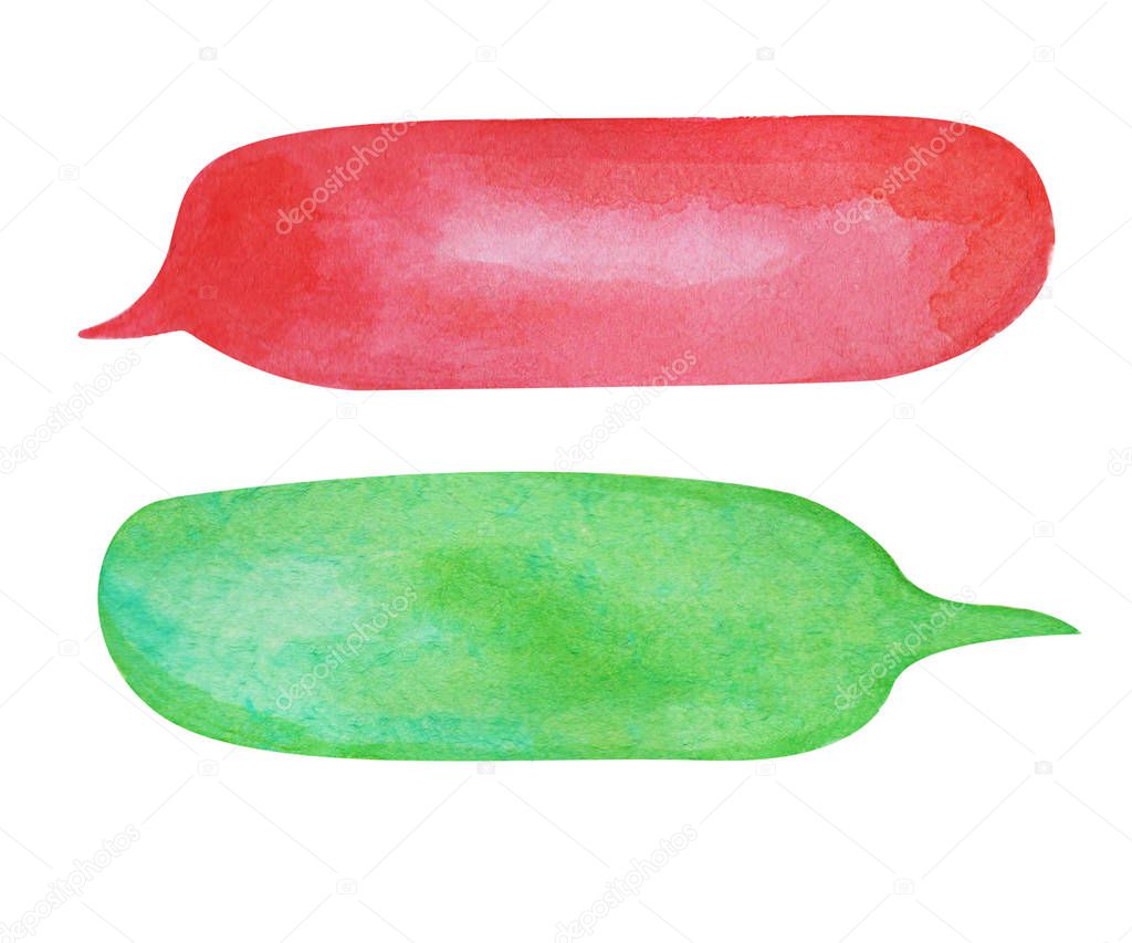 Watercolor speech bubble on white background. Red and green long text bubble cloud hand-drawn element.