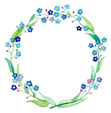 Unutma çelenk suluboya resim. Bahar çiçek Forgetmenot yaprakları ve yaprakları ile.