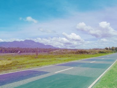 Boş yol yeşil yaz alanında. Tropikal palmiye orman ve dağ. Pembe ve mavi tonda fotoğraf