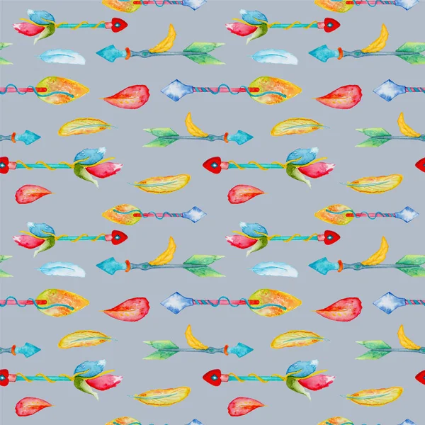 Watercolor arrows and feathers pattern. Multicolored hand-painted arrows seamless pattern.