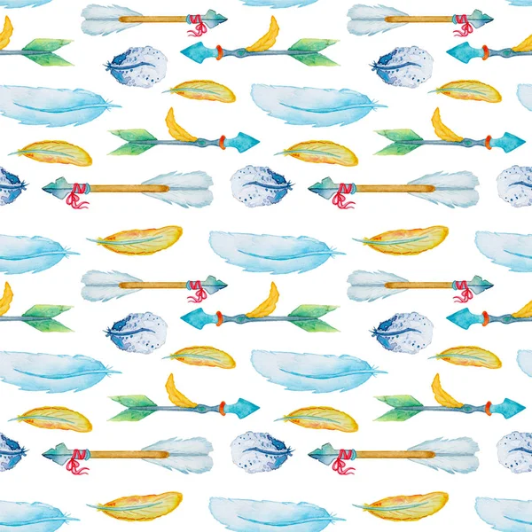 Arrows and feathers seamless pattern. Watercolor hand-painted arrows