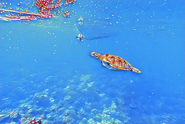 Meeresschildkröte im flachen Wasser. tropische Küste lebendige digitale Illustration — Stockfoto