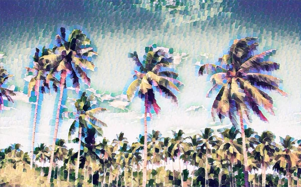 Vervaagde tropische landschap met palmbomen. Exotische eiland digitale schilderij. — Stockfoto