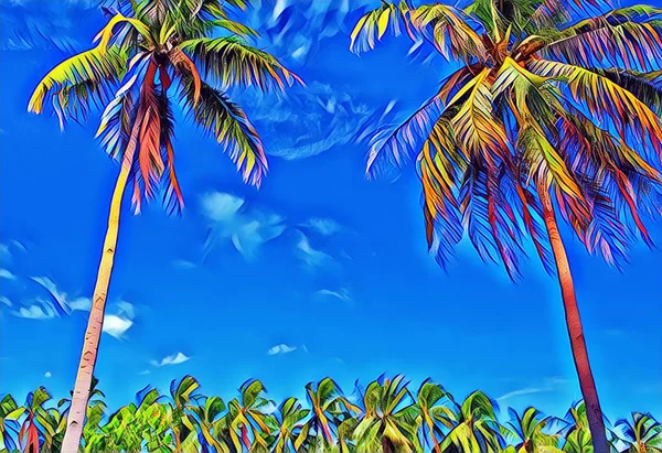 Palmiye ağaçları ile renkli tropikal manzara. Egzotik adada güneşli gün. — Stok fotoğraf
