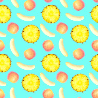 Tropikal meyve mavi nane arka plan üzerinde. Ananas kesme, elma yarısı ve soyulmuş muz Dikişsiz Desen döşemesi.