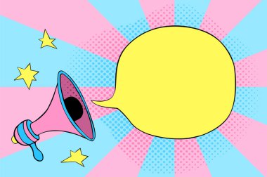 Pembe megafon ile boş metin kabarcık. Boş metin kabarcık vektör çizim pembe megafon ve yıldız.