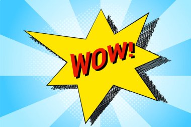 Sarı yıldız üzerinde yazıt Vay. Ünlem pop art vektör çizim Vay.