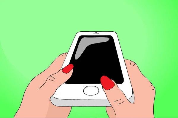 Téléphone portable blanc entre les mains d'une femme. Smartphone avec illustration vectorielle d'écran vierge . — Image vectorielle