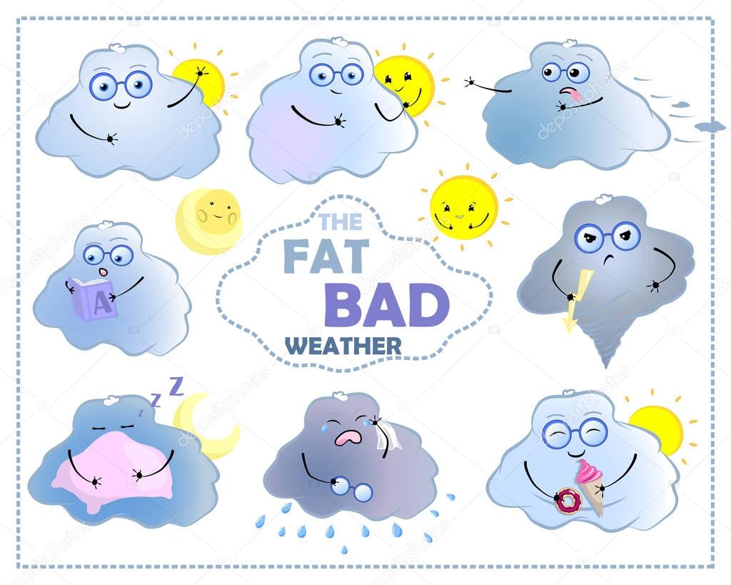 Weather characters in doodle style. Cloud, sun, moon vector illustrations on white background.