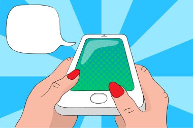 Cep telefonu ile metin kabarcık elinde. Smartphone pop art vektör çizim.