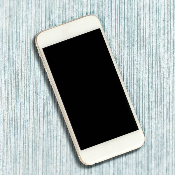 Smartphone Blanc Avec Écran Noir Sur Fond Bois Bleu Smartphone — Photo