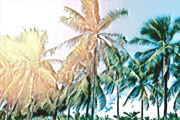 ヤシの木と熱帯の風景 熱帯の自然には デジタル イラストレーションが消えていった ヤシの葉の上の明るいオレンジ色の太陽フレア 青い空でヤシの木 エキゾチックな島への夏旅行 熱帯のホット晴れた日 — ストック写真