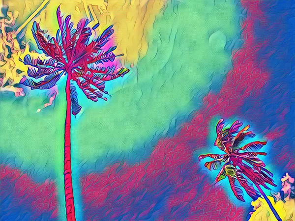 空の背景で背の高いココのヤシの木 熱帯の島デジタル イラストレーション晴天の日 空のバナー テンプレートをパームします ふわふわヤシ葉飾り エキゾチックな島旅行 素晴らしい熱帯のはがき — ストック写真