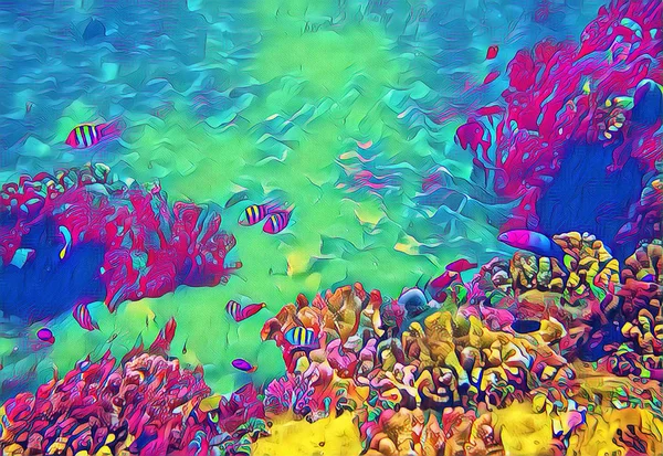 熱帯の魚と水中景観は 海岸ビュー素晴らしいデジタル イラストレーション 熱帯の海岸の自然 青い海の水のサンゴ礁 トロピカルなラグーンでシュノーケ リング エキゾチックな島海岸海底 — ストック写真