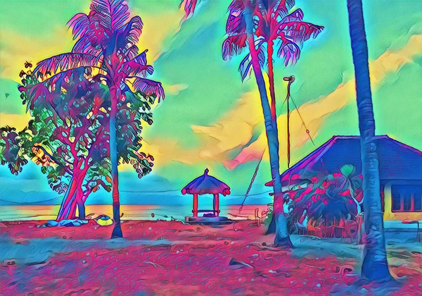 木と伝統的な小屋の海岸風景です サンセットのビーチのガゼボ 素晴らしい海辺のデジタル イラストです 屋外の旅行 エキゾチックな島の海辺でココのヤシの木 ネオンの海の風景 — ストック写真