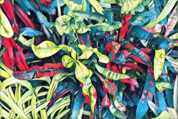 トロピカル リーフ平面図です 赤い緑の葉 エキゾチックな庭のデジタル イラストです ナチュラル リーフの飾り 鉢植えの観葉植物 鮮やかな花の装飾 エキゾチックな観葉植物です — ストック写真